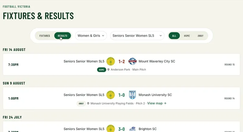 The fixtures filters on the Doncaster Rovers website, narrowing from every team to the Seniors, then to Women and Girls, then to one team’s results, then to home and away matches, and back to the full club list.