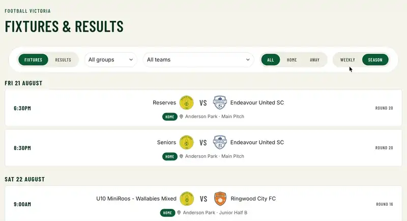 The fixtures filters on the Doncaster Rovers website, narrowing from every team to the Seniors, then to Women and Girls, then to one team’s results, then to home and away matches, and back to the full club list.