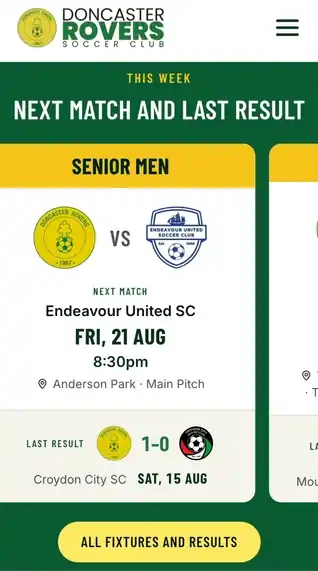 The Doncaster Rovers website on a phone, swiping through this week’s cards: the next match and last result for the Senior Men, the Senior Women and the Reserves.