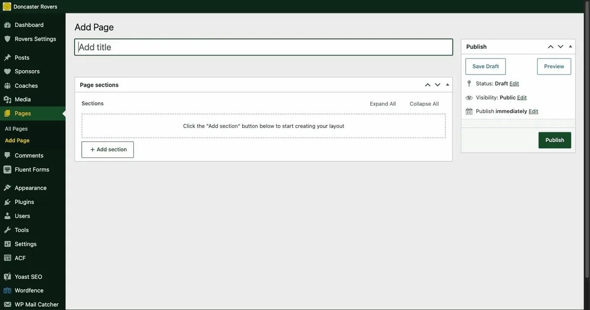 A new page being built: a title is typed, Add section opens a list of the available layouts, Hero is chosen, and its eyebrow and heading fields are filled in.