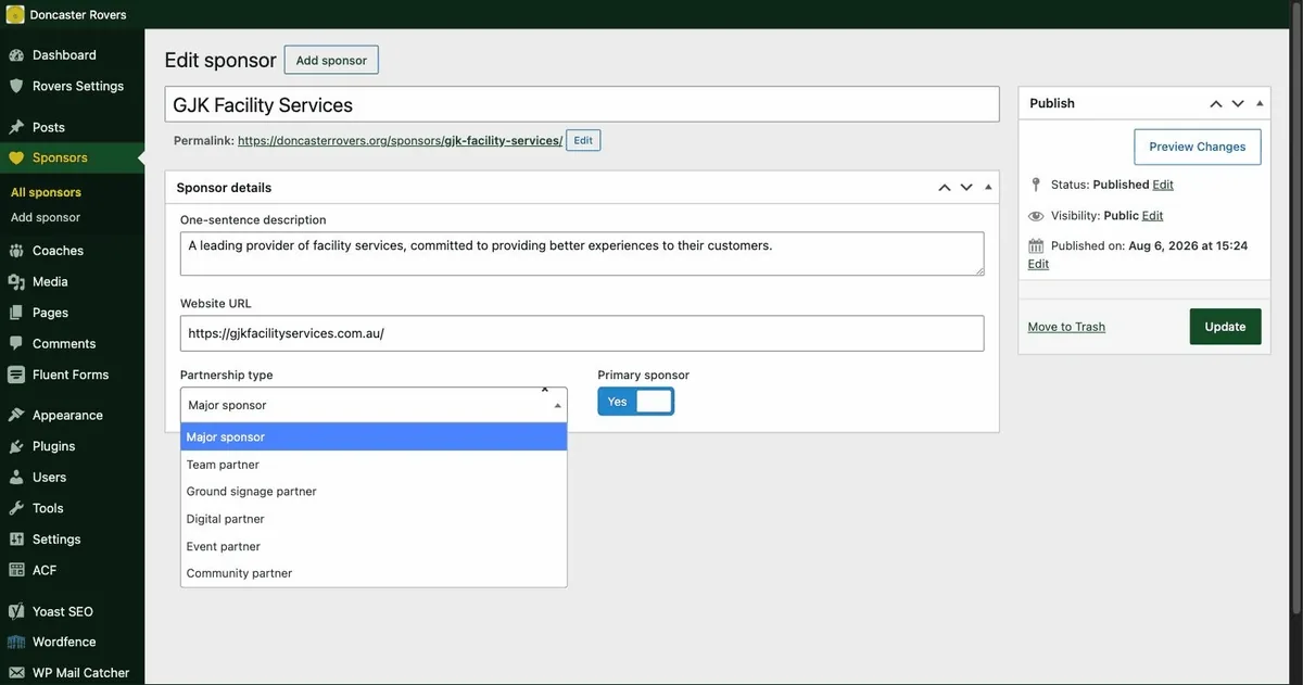 A sponsor record being edited: a one-sentence description, a website address, a Partnership type menu opening to show six options, and a Primary sponsor toggle.