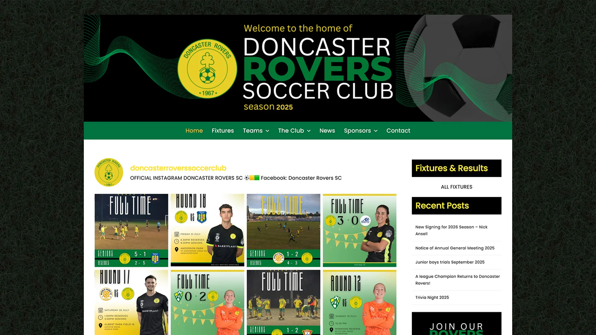 The previous Doncaster Rovers home page: a banner graphic reading “Welcome to the home of Doncaster Rovers Soccer Club, season 2025”, a green menu bar, an embedded Instagram grid and a sidebar of recent posts.