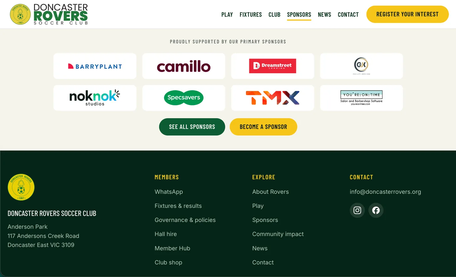 The sponsor strip at the foot of a Doncaster Rovers page: eight sponsor logos under the heading “Proudly supported by our primary sponsors”, with See all sponsors and Become a sponsor buttons beneath them, above the club’s footer.