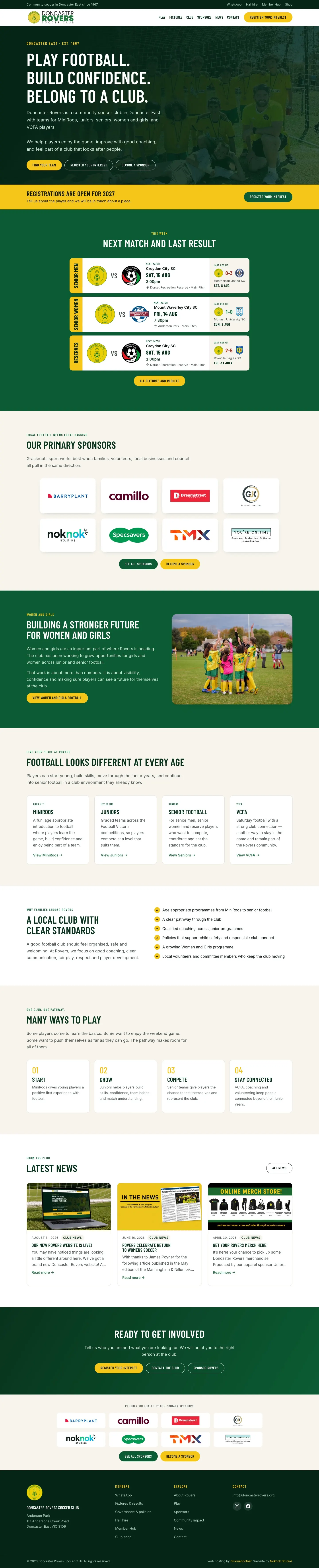 The Doncaster Rovers Soccer Club home page, from the hero down to the footer
